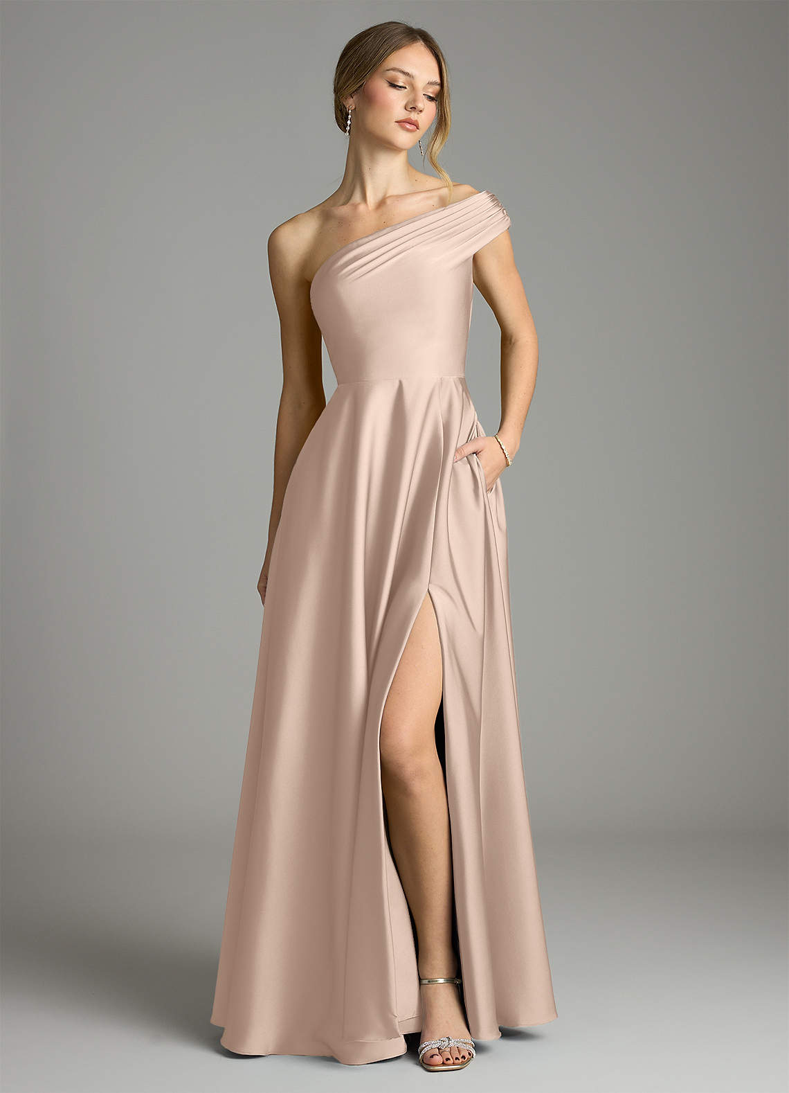 Melanie A-Line One-Shoulder Stretch Satin Bridesmaid Dress in English Rose