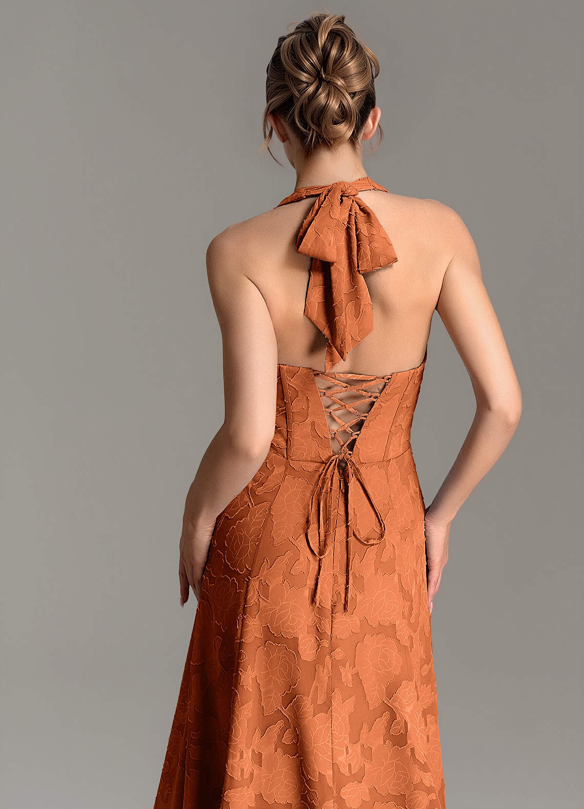 Nia A-Line V-Neck Floral Burnout Bridesmaid Dress in Burnt Orange