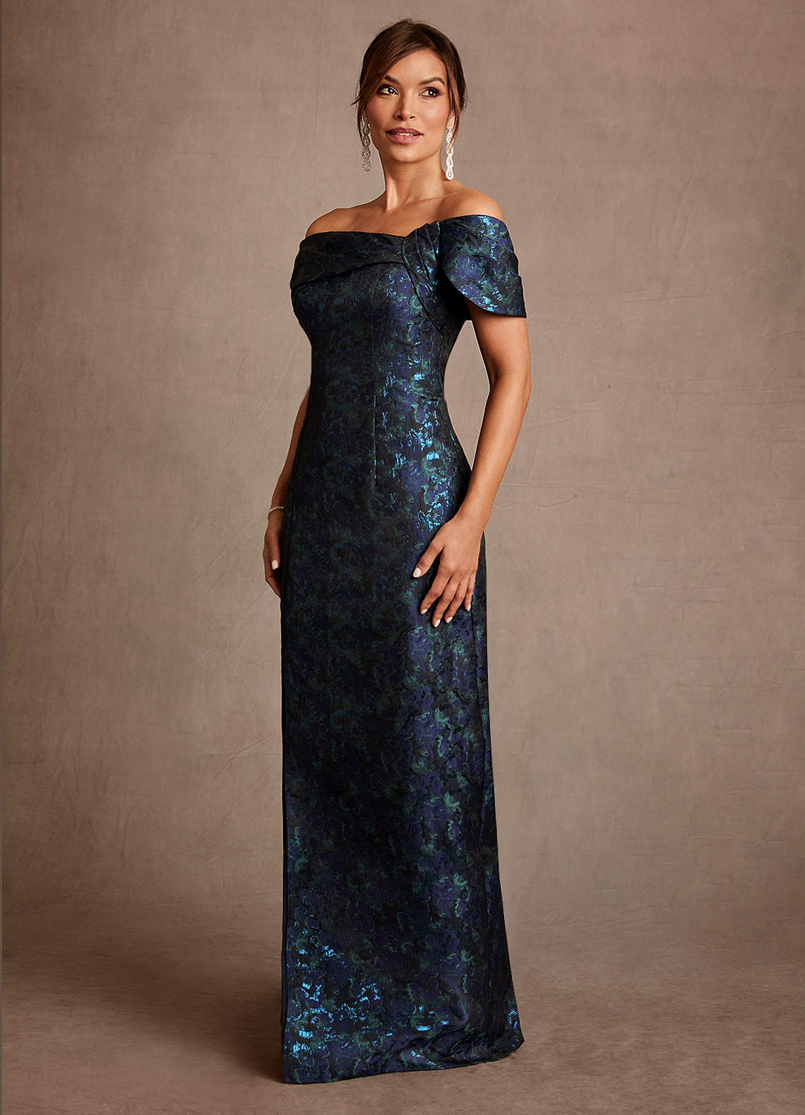 Zion Sheath Off-the-Shoulder Jacquard Mother of the Bride Dress in Dark Navy