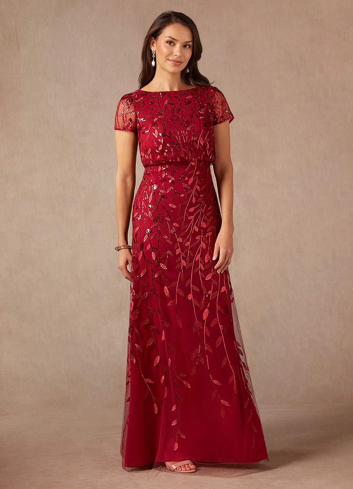 Lehi A-Line Boat-Neck Sequined Tulle Mother of the Bride Dress in Burgundy