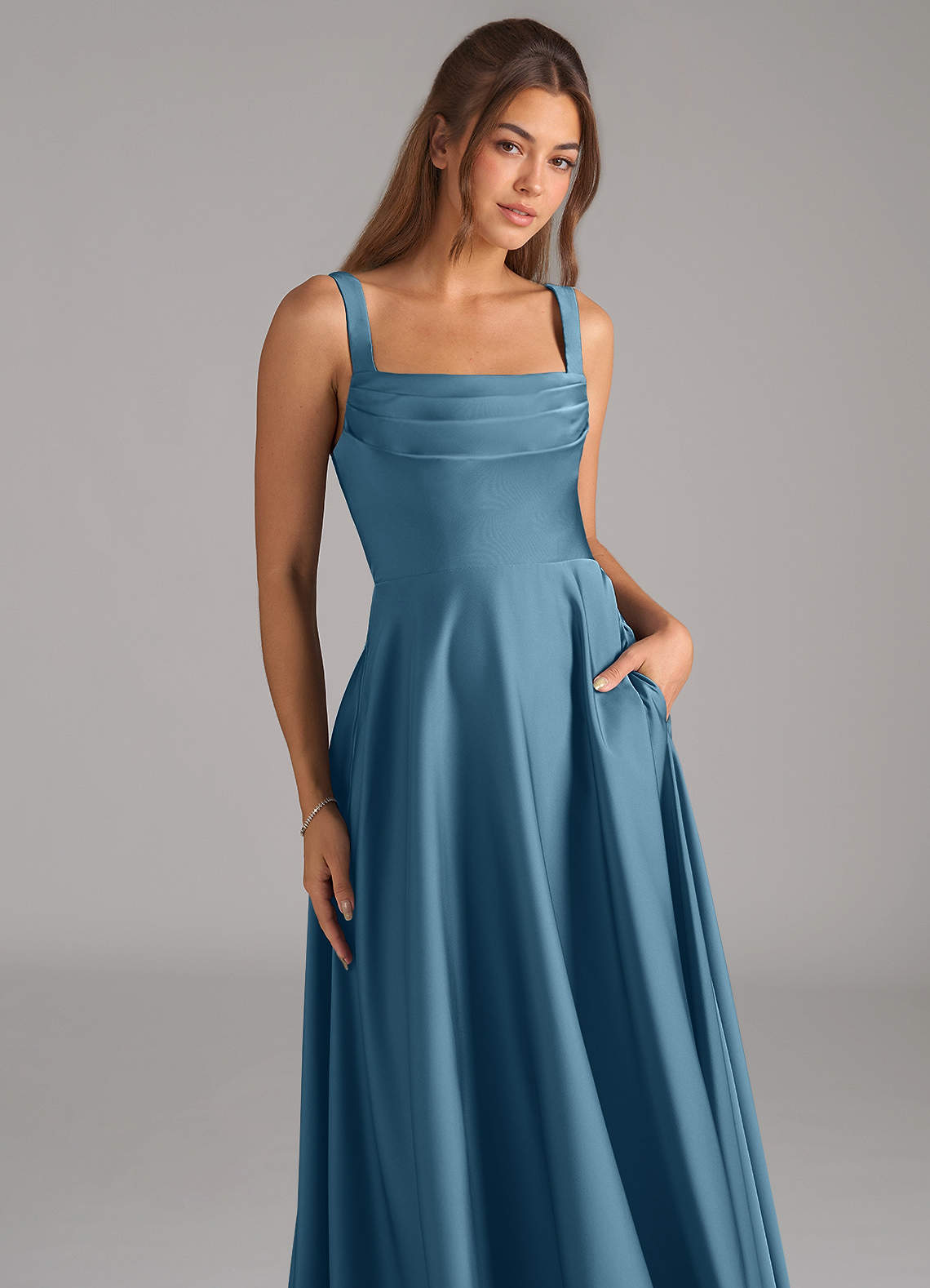 Shaude A-Line Square-Neck Stretch Satin Bridesmaid Dress in Bermuda