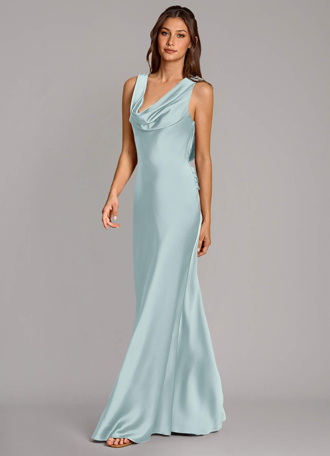 Cheryl Mermaid Cowl-Neck Stretch Satin Bridesmaid Dress in Mist