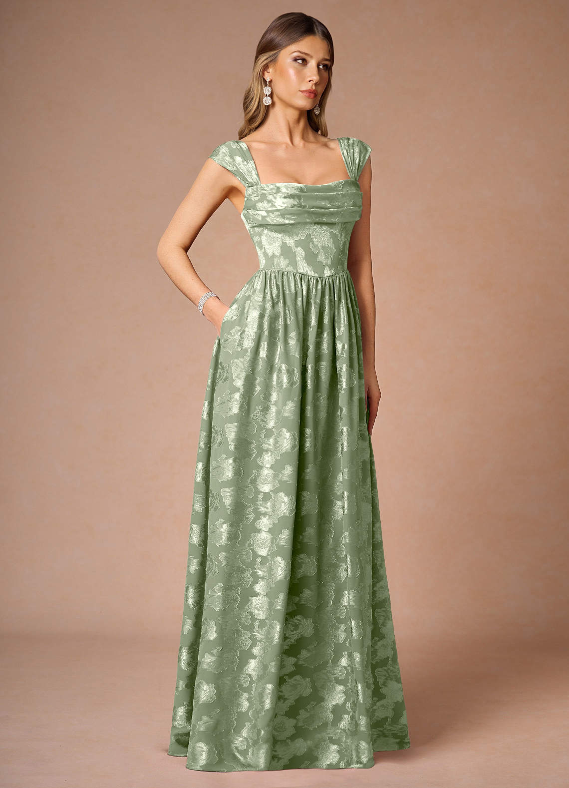 Hazel A-Line Cowl-Neck Fil Coupé Wedding Guest Dress in Light Green