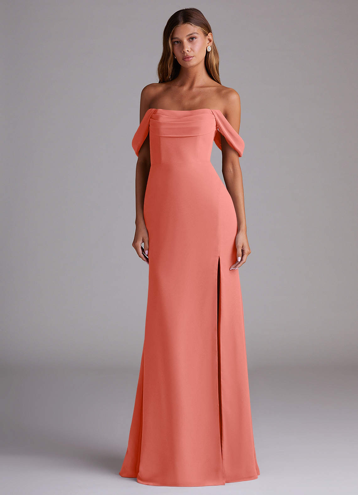Saige A-Line Off-the-Shoulder Chiffon Bridesmaid Dress in Salmon Pink