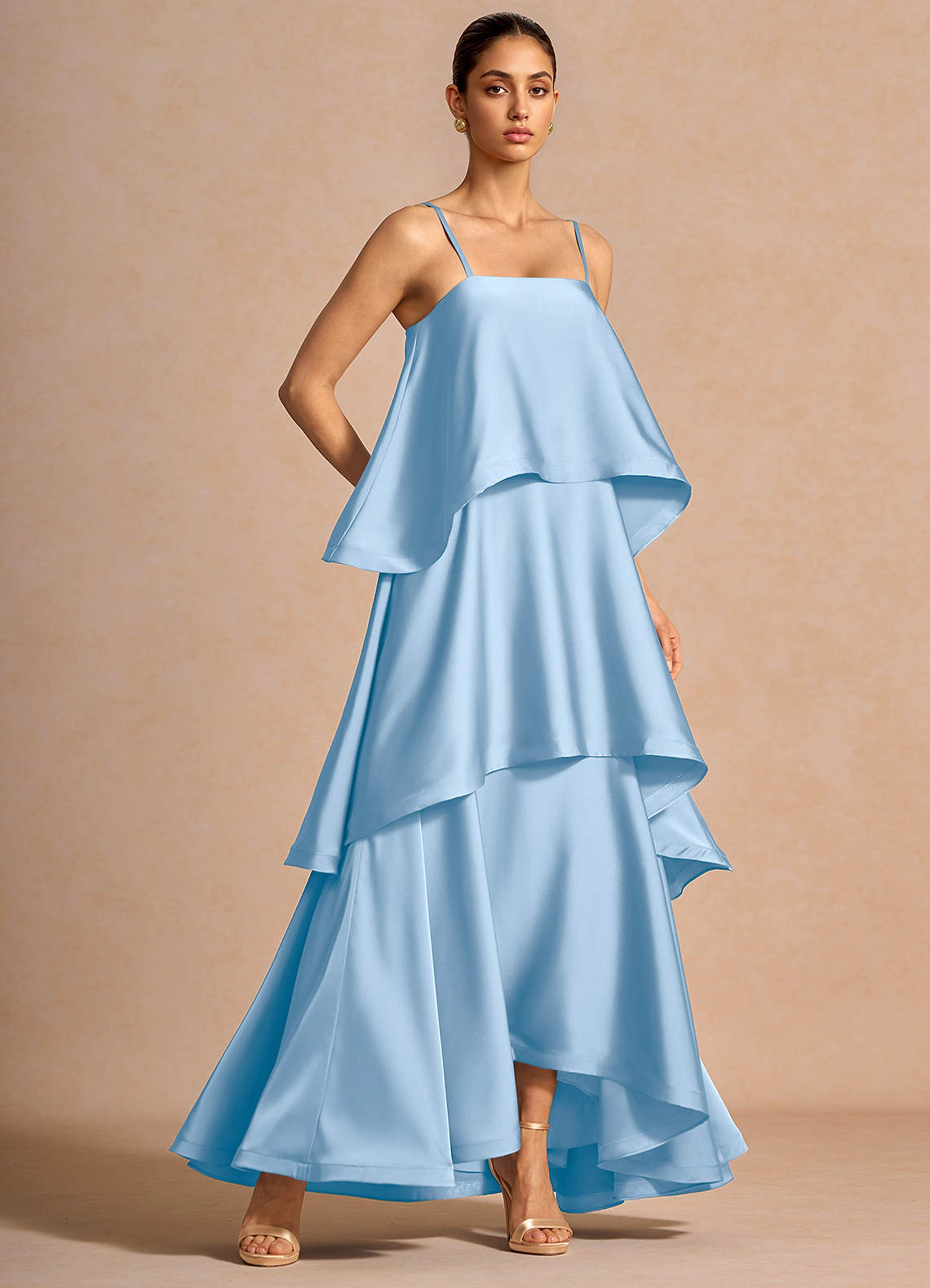 Itasca A-Line Tiered Stretch Satin Wedding Guest Dress in Lemon Green