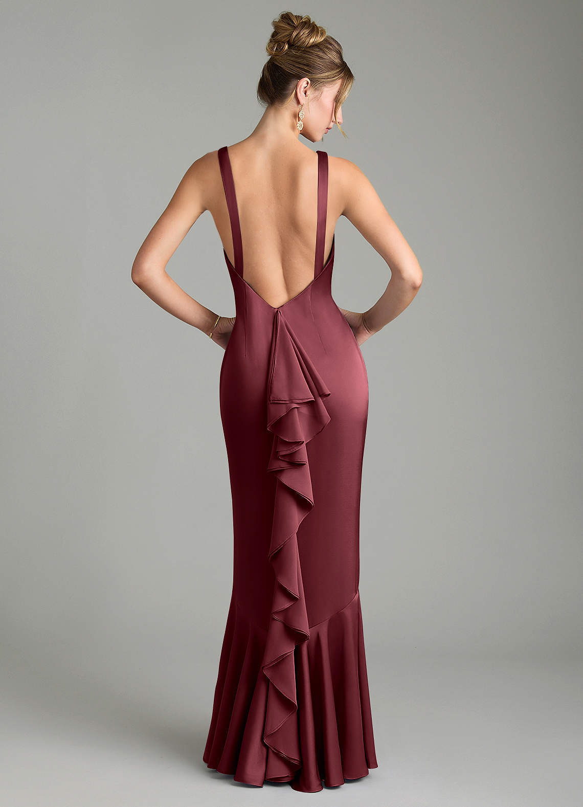 Tamera Mermaid Boat-Neck Stretch Satin and Chiffon Bridesmaid Dress in Merlot