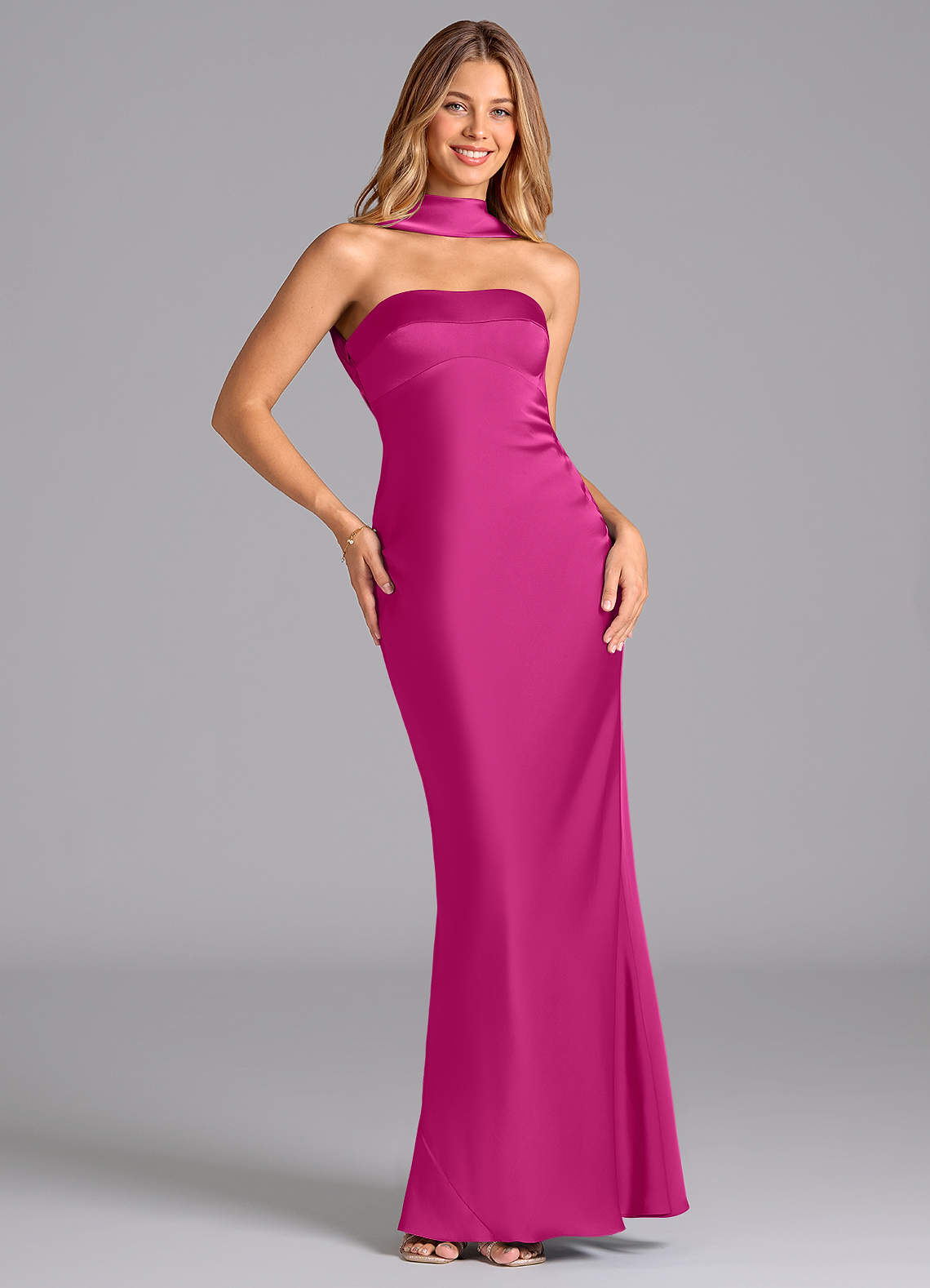 Lusinda Mermaid Strapless Stretch Satin Bridesmaid Dress in Fuchsia