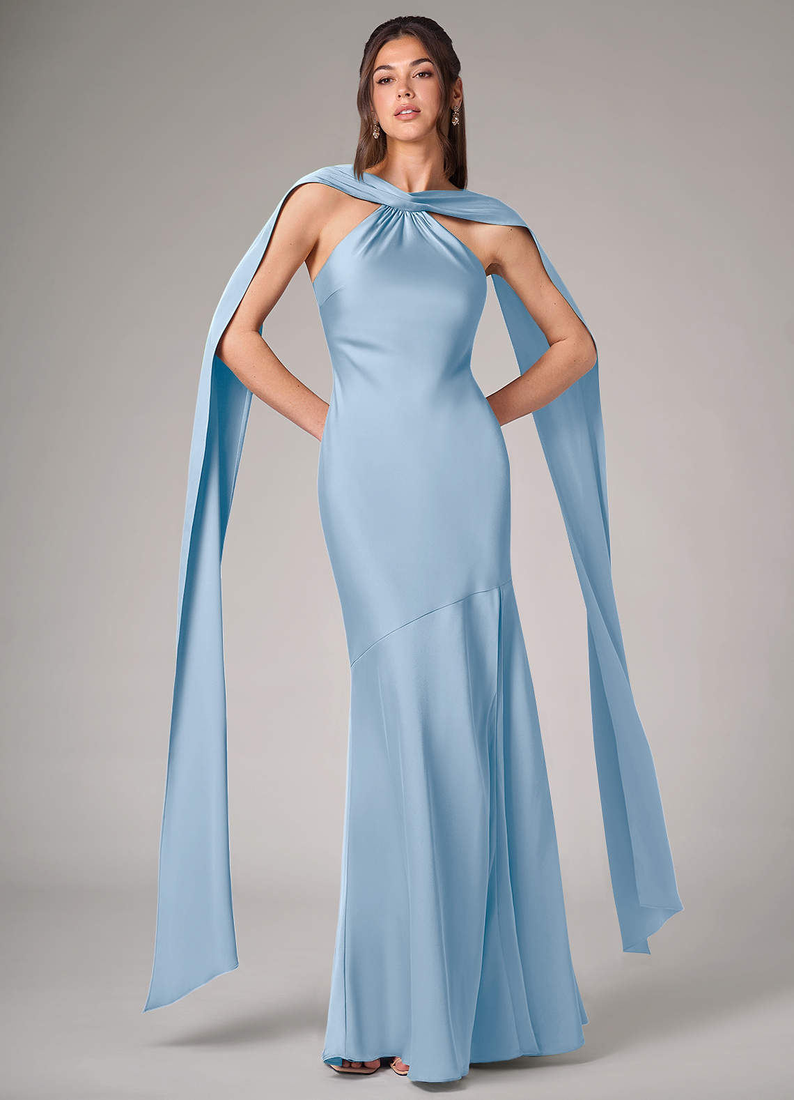 Kinsley Mermaid Halter Stretch Satin Bridesmaid Dress in Powder Blue