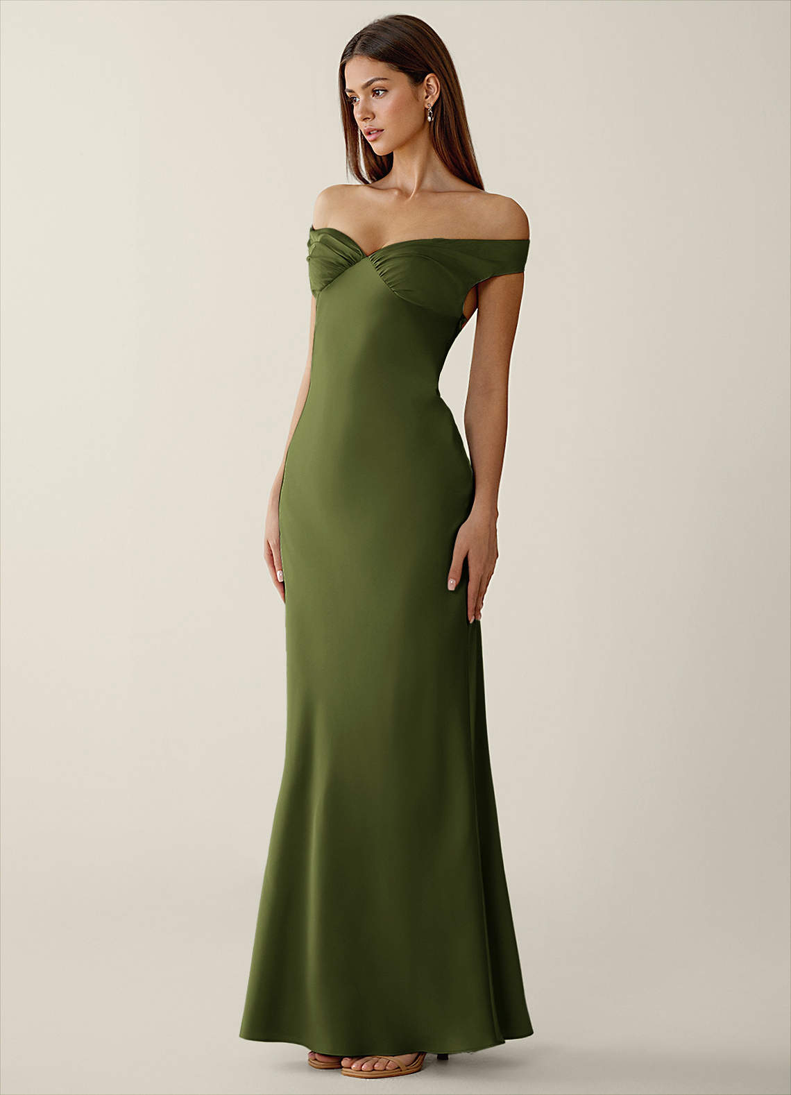 Gwendonme Sheath Off-the-Shoulder Satin Crystal Linen Evening Dress in Olive
