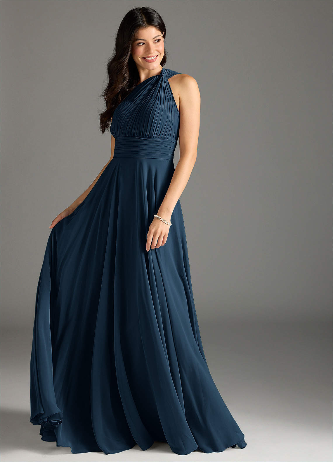 Charlize A-Line One-Shoulder Chiffon Bridesmaid Dress in Dark Navy