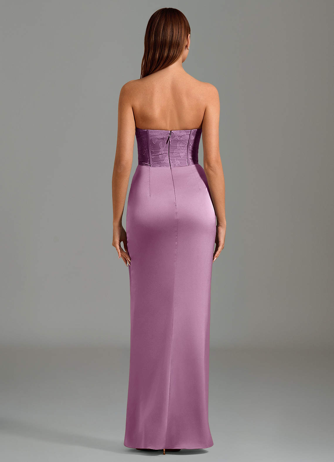 Emilia Mermaid Strapless Stretch Satin and Floral Burnout Bridesmaid Dress in Wisteria
