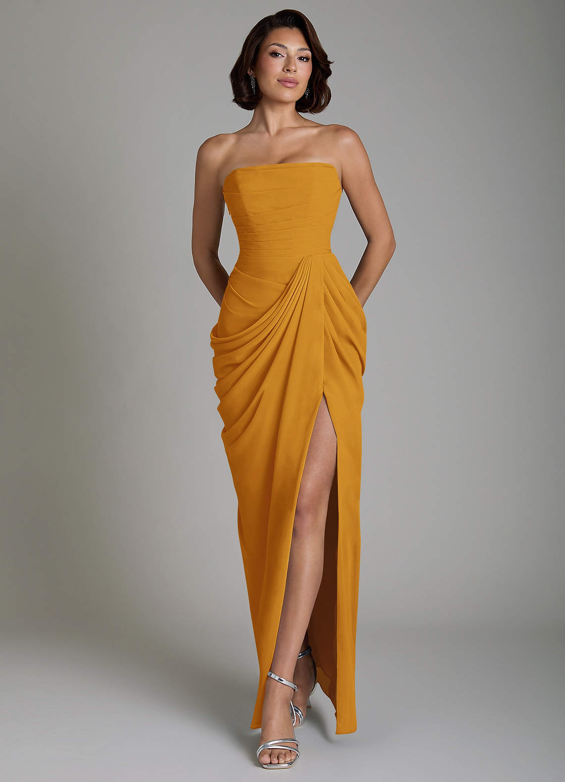 Nyra Sheath Strapless Chiffon Bridesmaid Dress in butterscotch