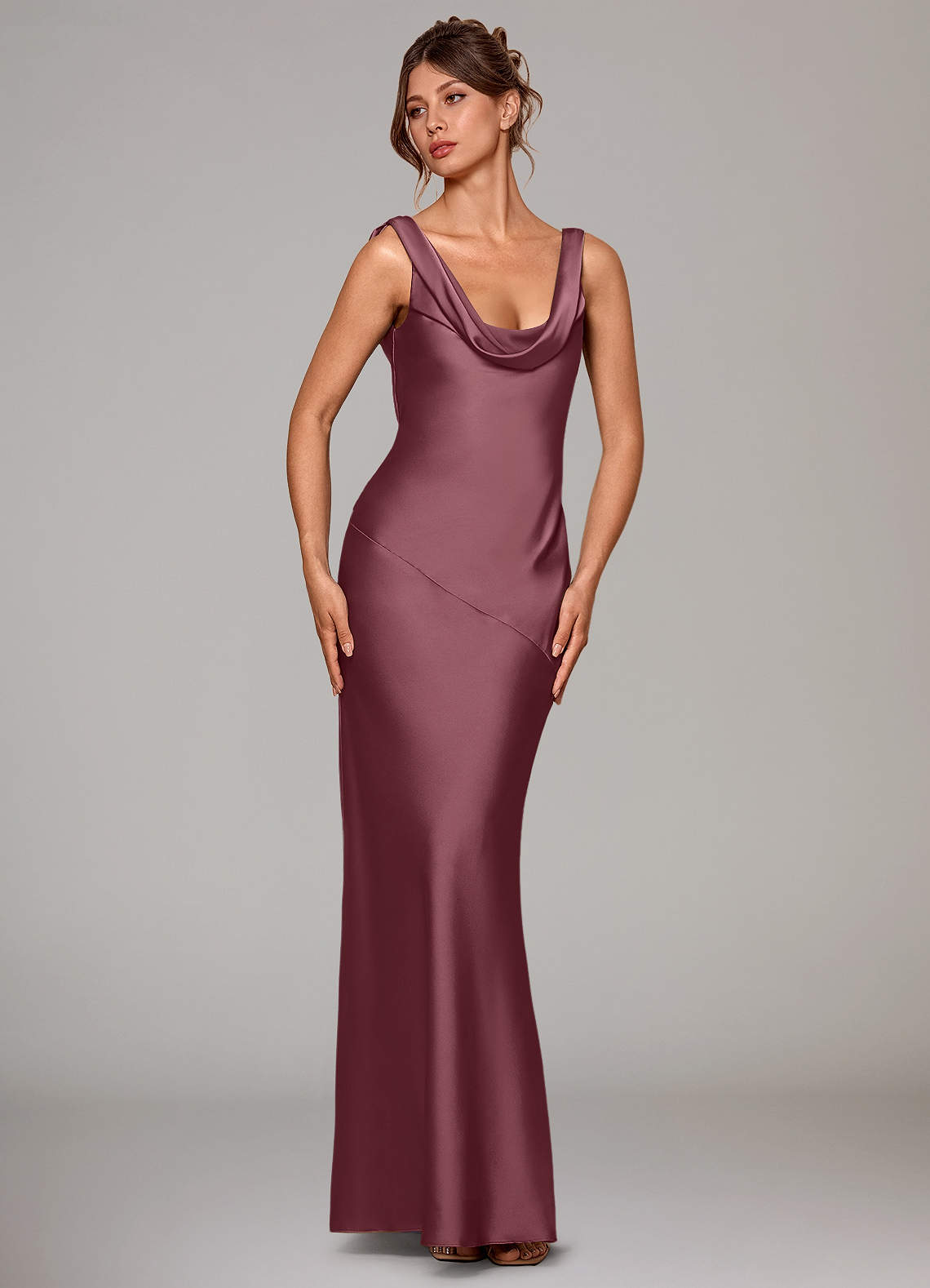 Rylina Mermaid Cowl-Neck Stretch Satin Bridesmaid Dress in Desert Rose