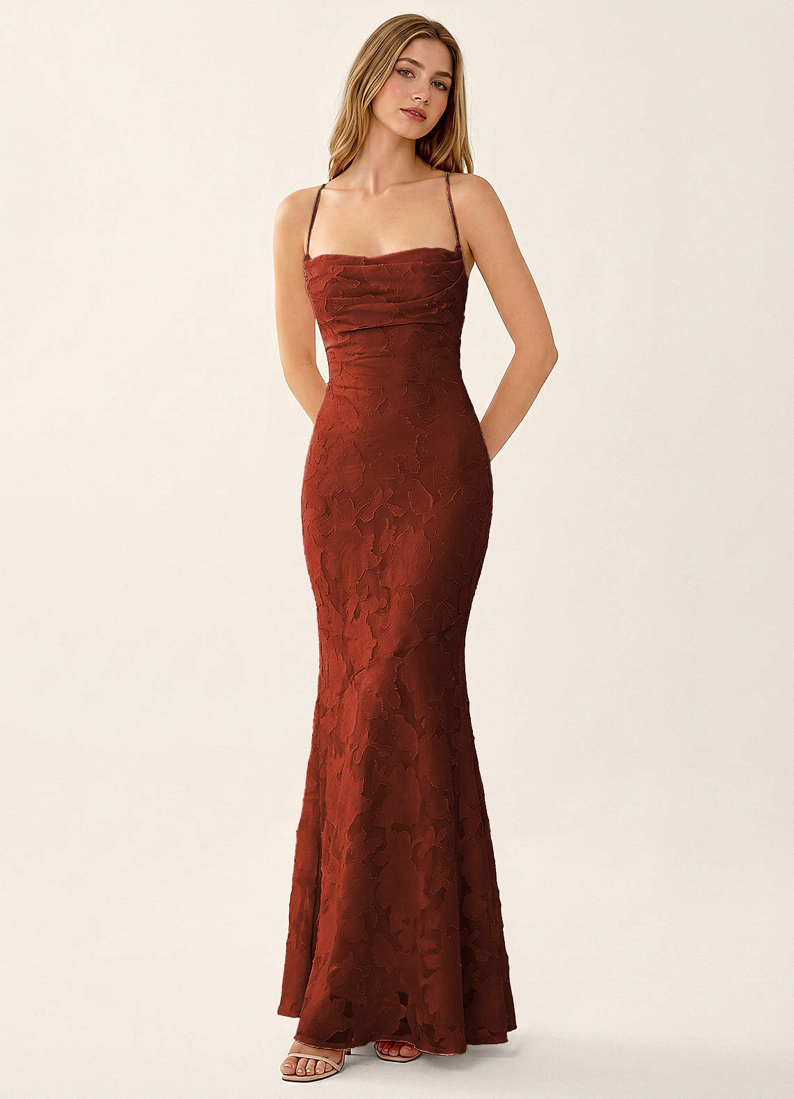 Natasha Mermaid Spaghetti-Strap Floral Burnout Evening Dress in Burnt Umber