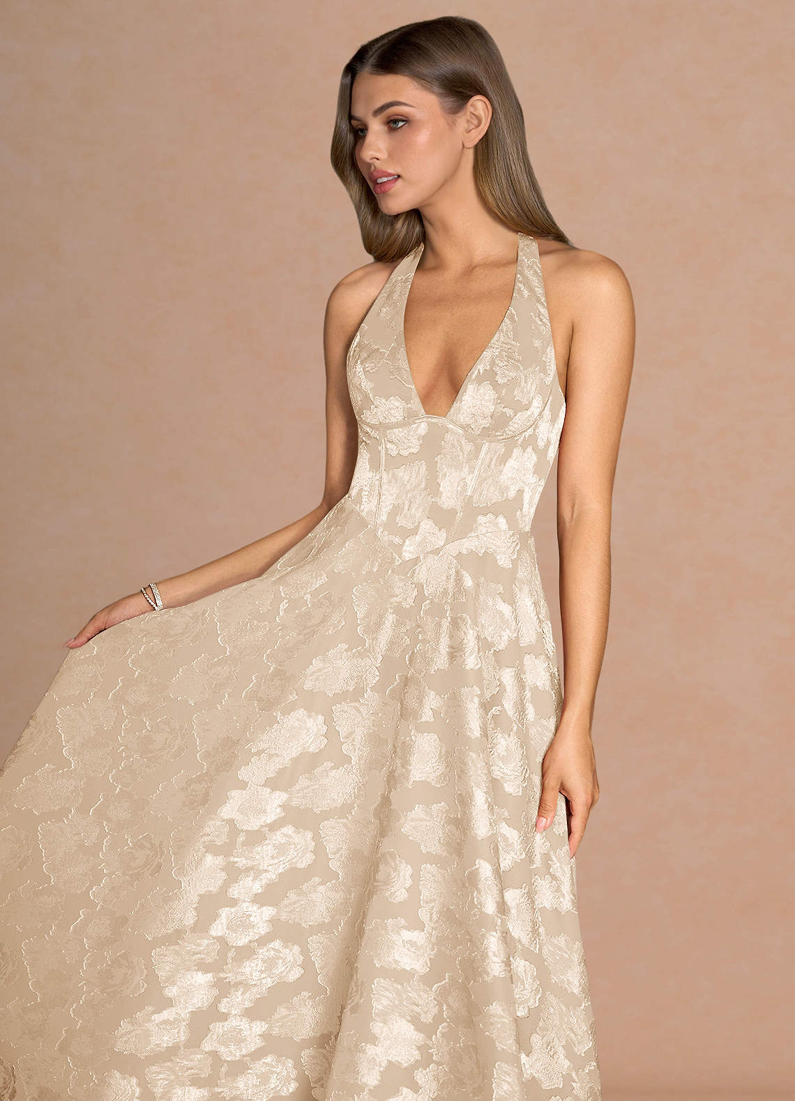 Isabeau A-Line V-Neck Fil Coupé Evening Dress in Cream