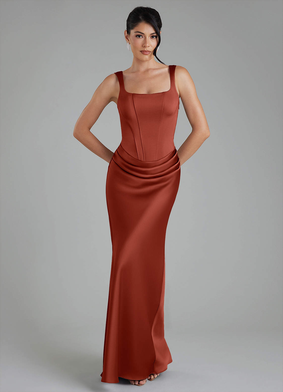 Etta Mermaid Square-Neck Stretch Satin Bridesmaid Dress in Terracotta