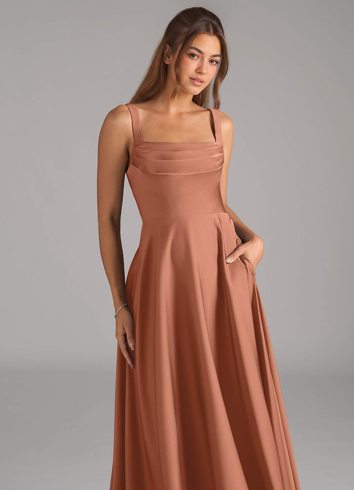 Shaude A-Line Square-Neck Stretch Satin Bridesmaid Dress in Bronzer