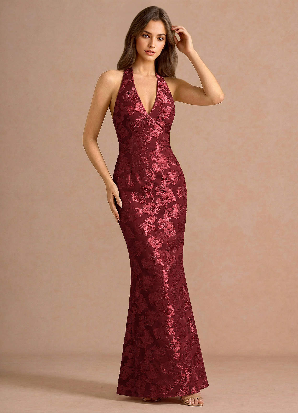 Valerie V-Neck Open-Back Fil Coupé Evening Dress in Wine