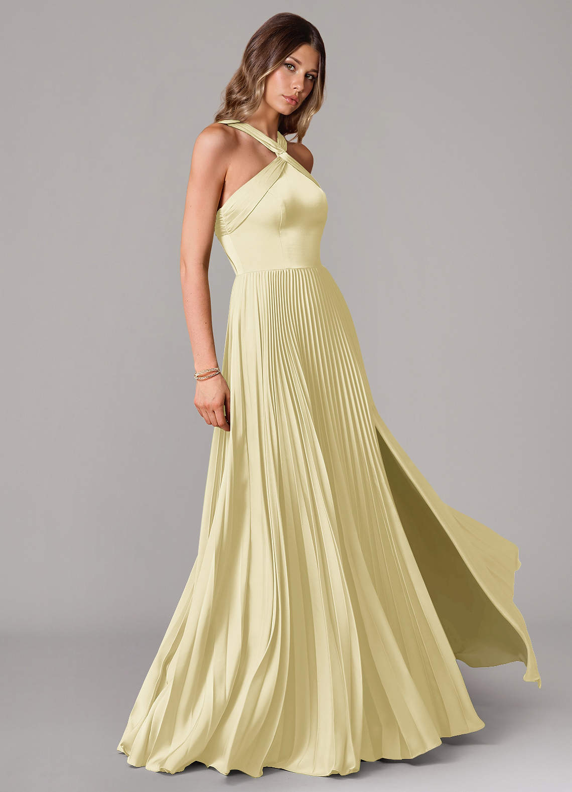 Afra A-Line Halter-Neck Stretch Satin Bridesmaid Dress in Lemon Sorbet