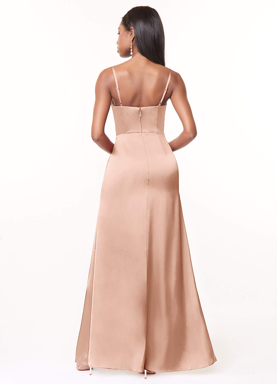 Maci A-Line V-Neck Stretch Satin Bridesmaid Dress in rose gold