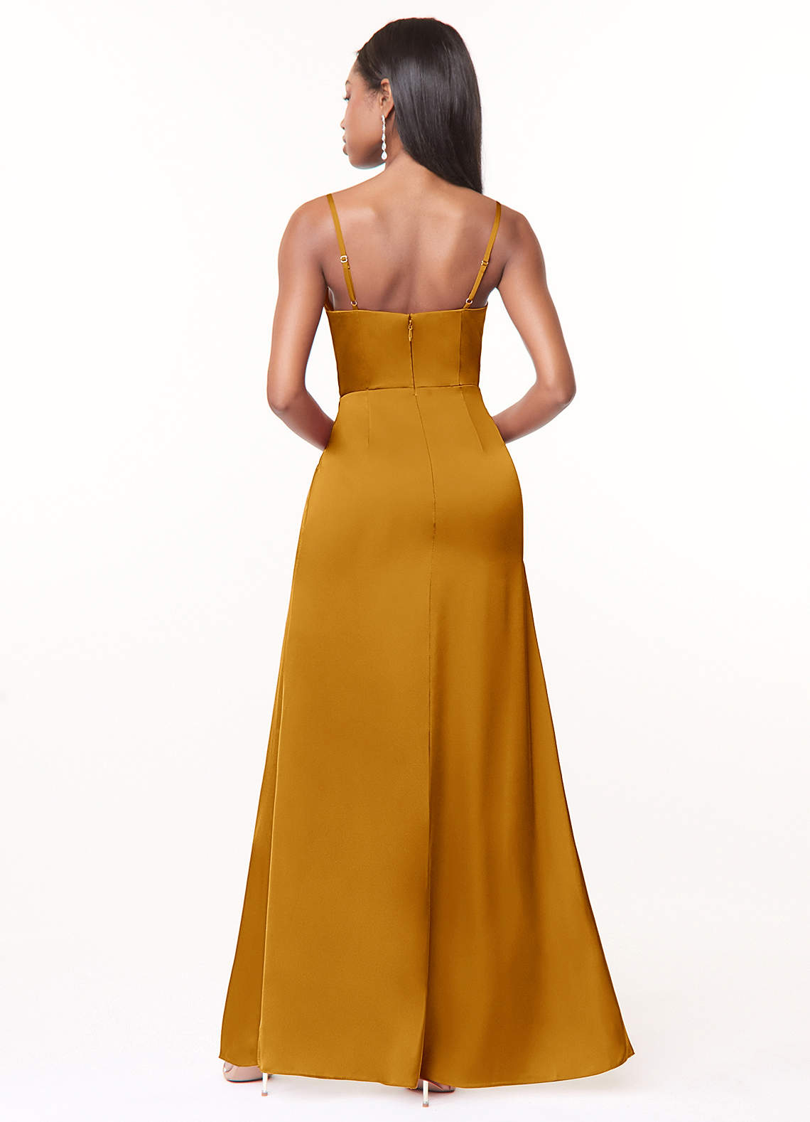 Maci A-Line V-Neck Stretch Satin Bridesmaid Dress in butterscotch