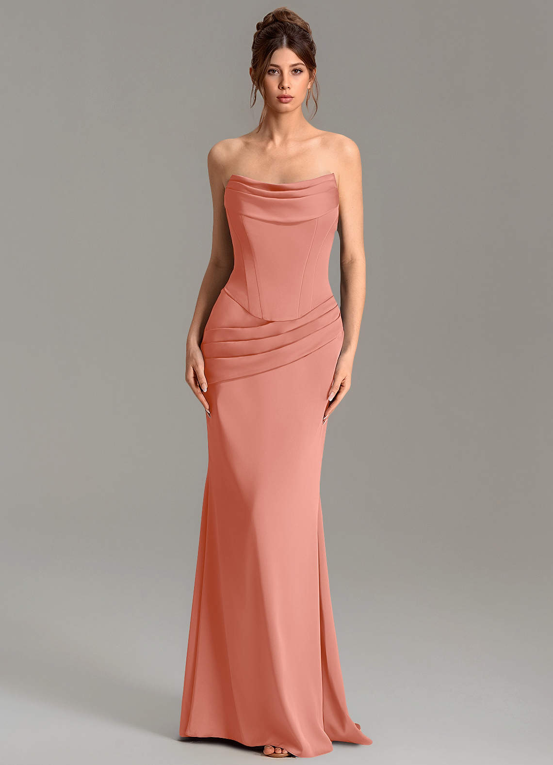 Adrienne Mermaid Cowl-Neck Stretch Satin Bridesmaid Dress in Salmon Pink
