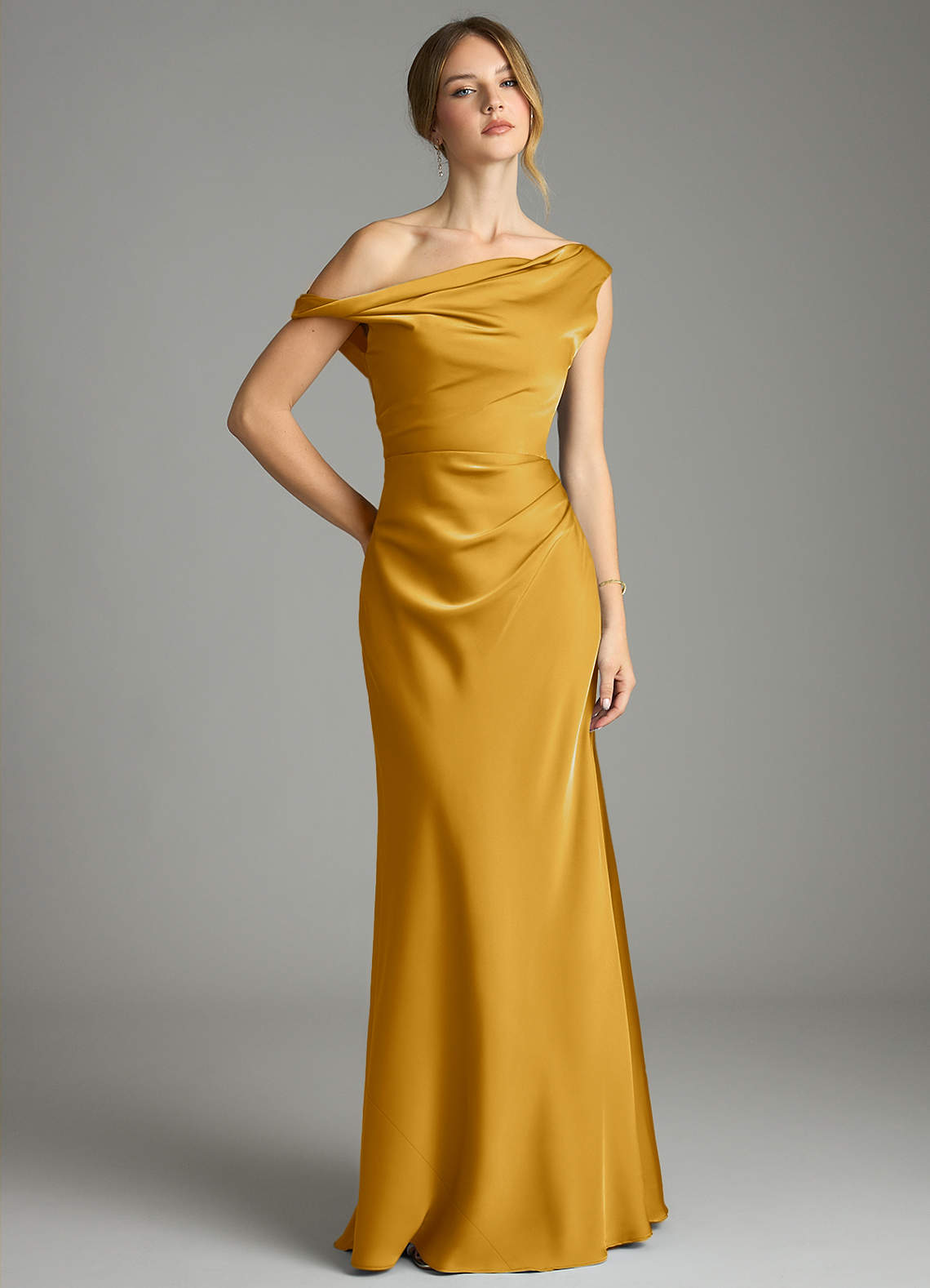 Emerson Mermaid One-Shoulder Stretch Satin Bridesmaid Dress in butterscotch