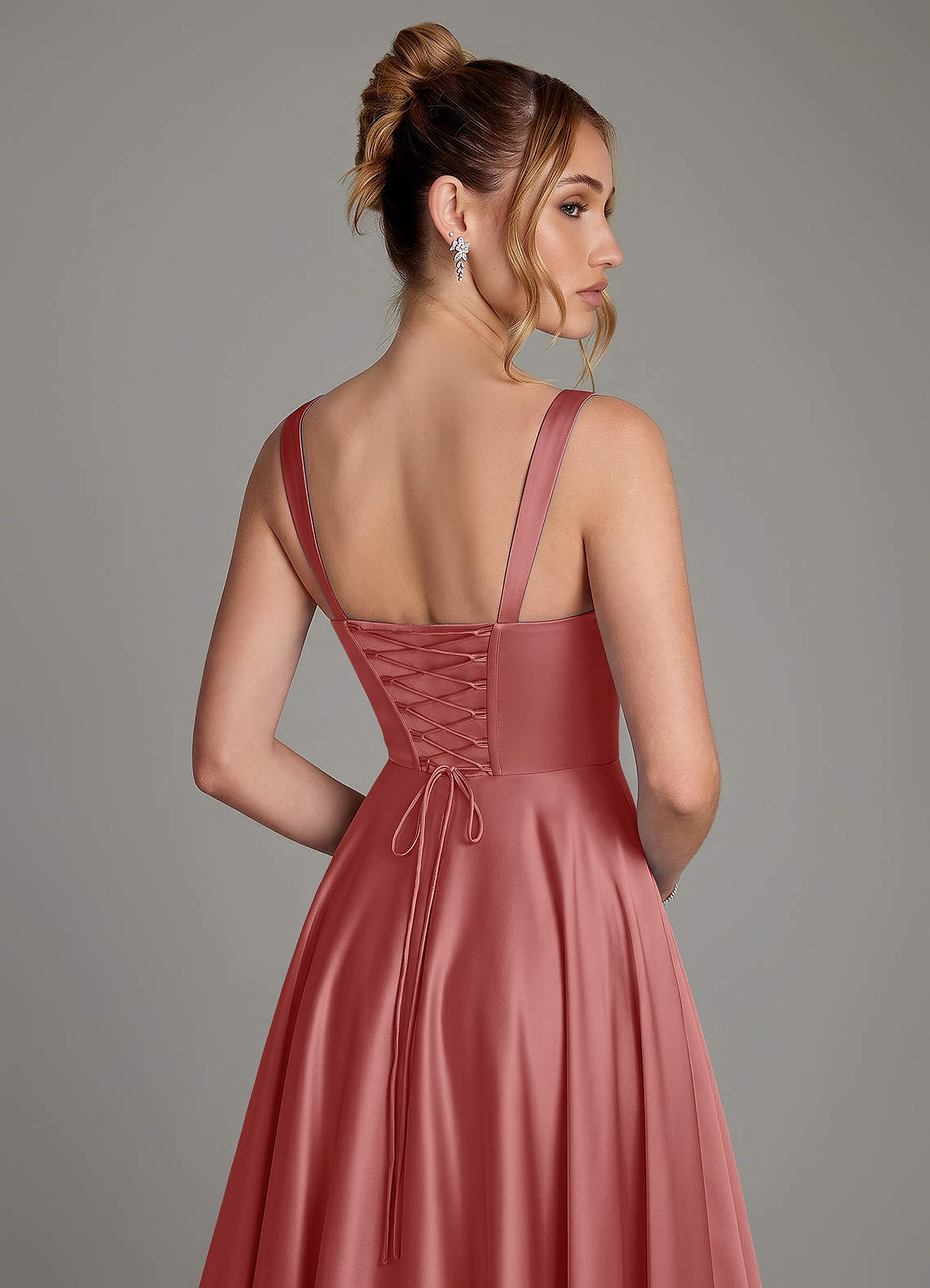 Azaria A-Line Square-Neck Stretch Satin Bridesmaid Dress in Antique Rose