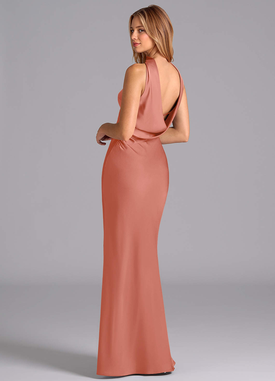 Lusinda Mermaid Strapless Stretch Satin Bridesmaid Dress in Salmon Pink
