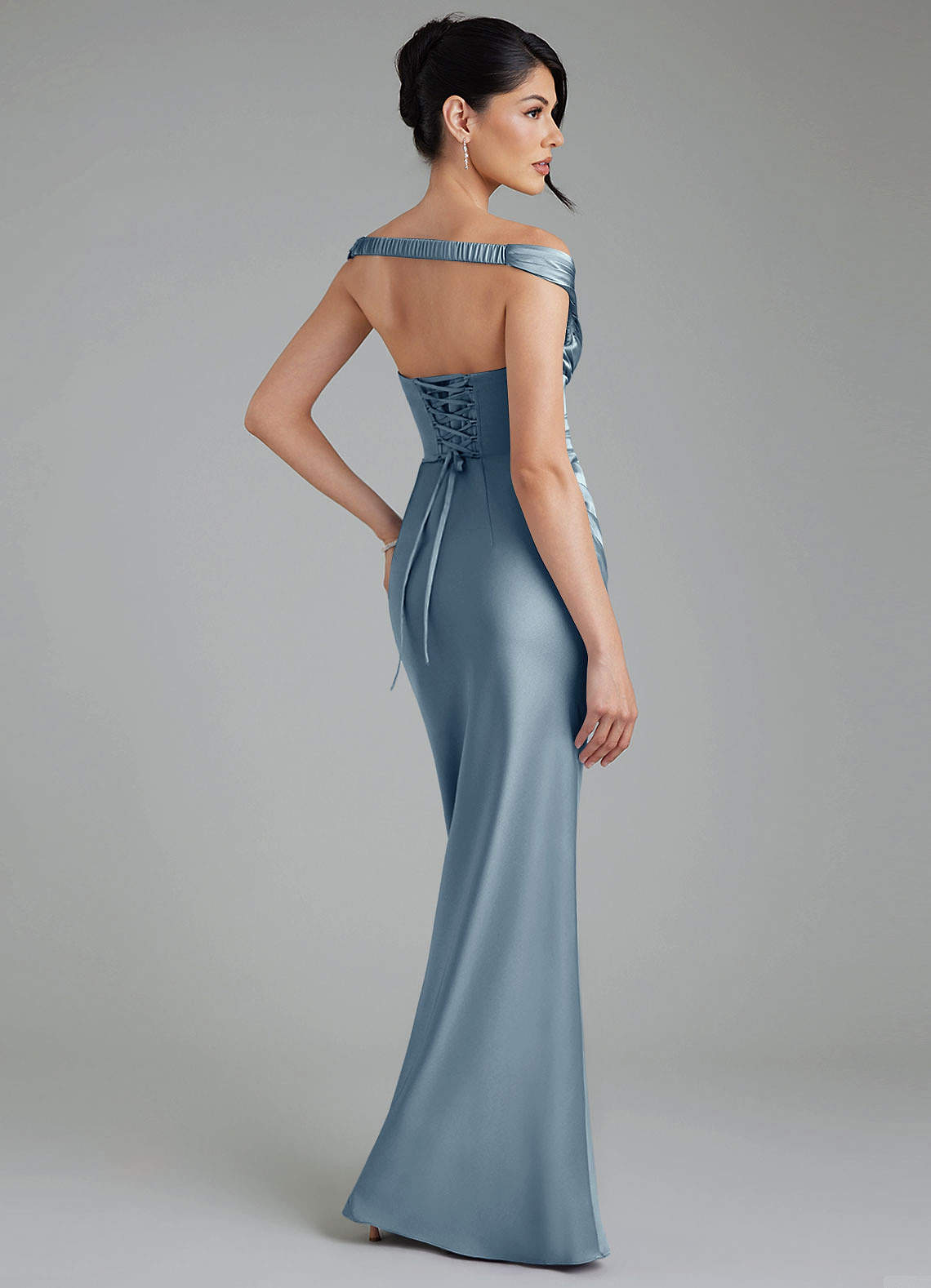 Stella Sheath V-Neck Stretch Satin Bridesmaid Dress in dusty blue