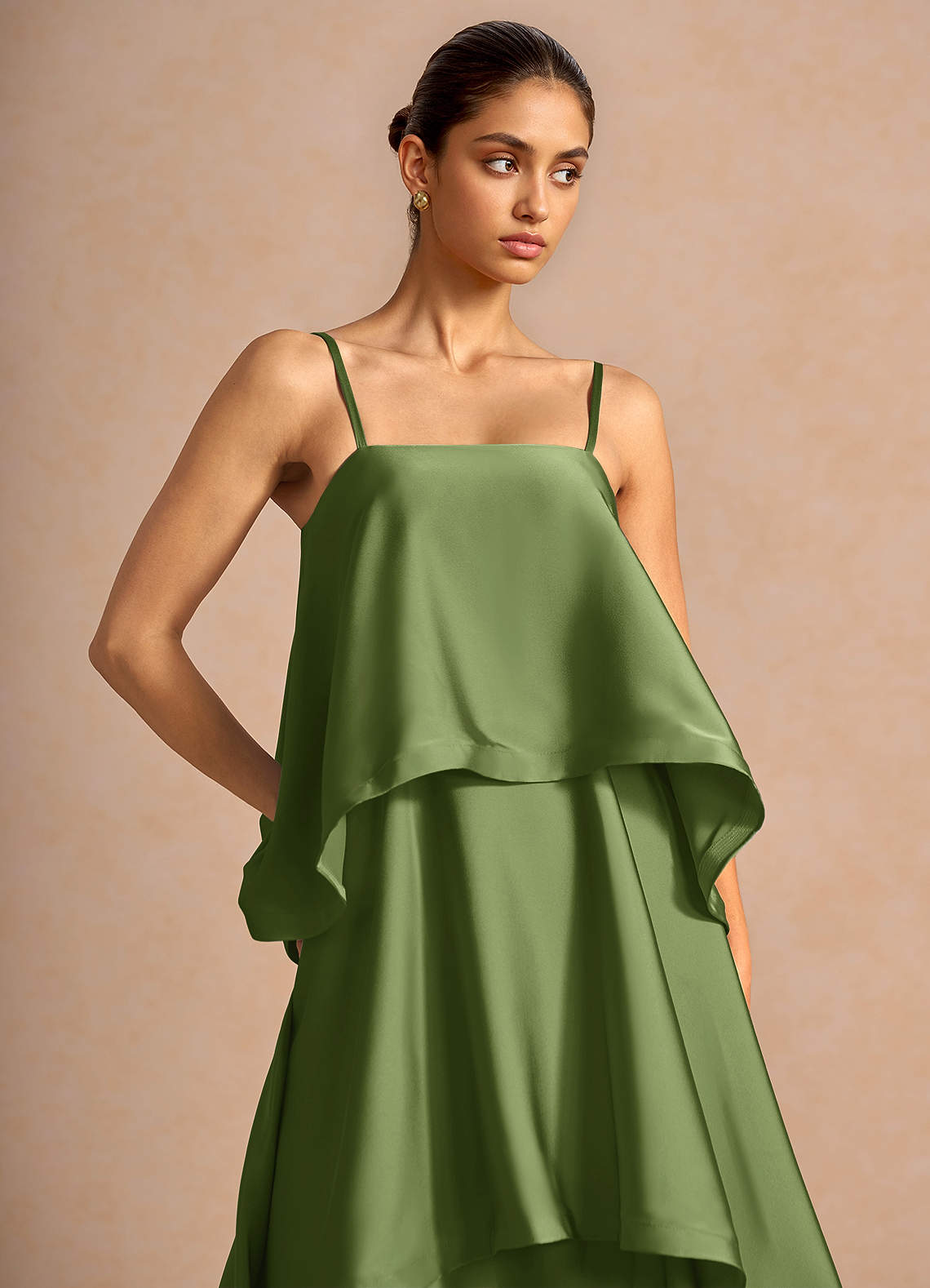 Itasca A-Line Tiered Stretch Satin Wedding Guest Dress in Olive Green