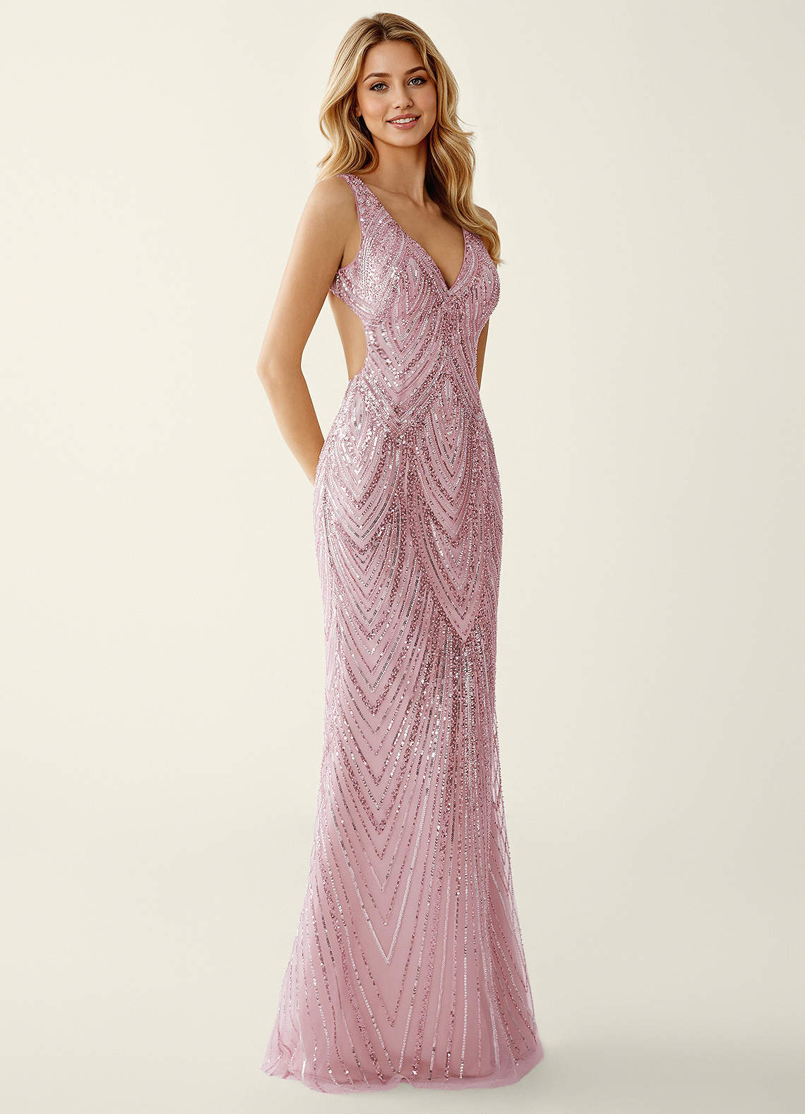 Hazelen Plunging V-Neck Chevron Sequin Tulle Evening Dress in Pink