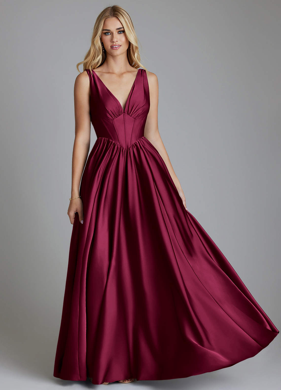 Delmie A-Line V-Neck Stretch Satin Bridesmaid Dress in Burgundy