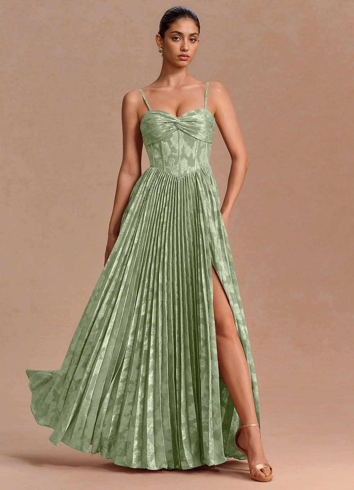 Delfina A-Line Twisted-Bust Fil Coupé Evening Dress in Light Green