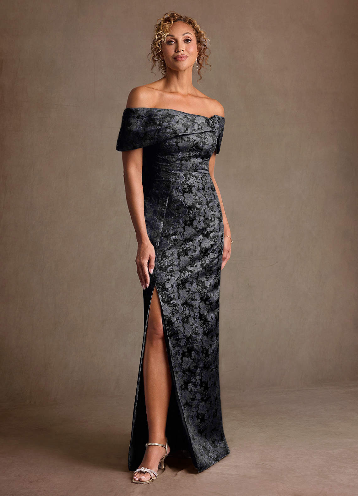 Zion Sheath Off-the-Shoulder Jacquard Mother of the Bride Dress in black