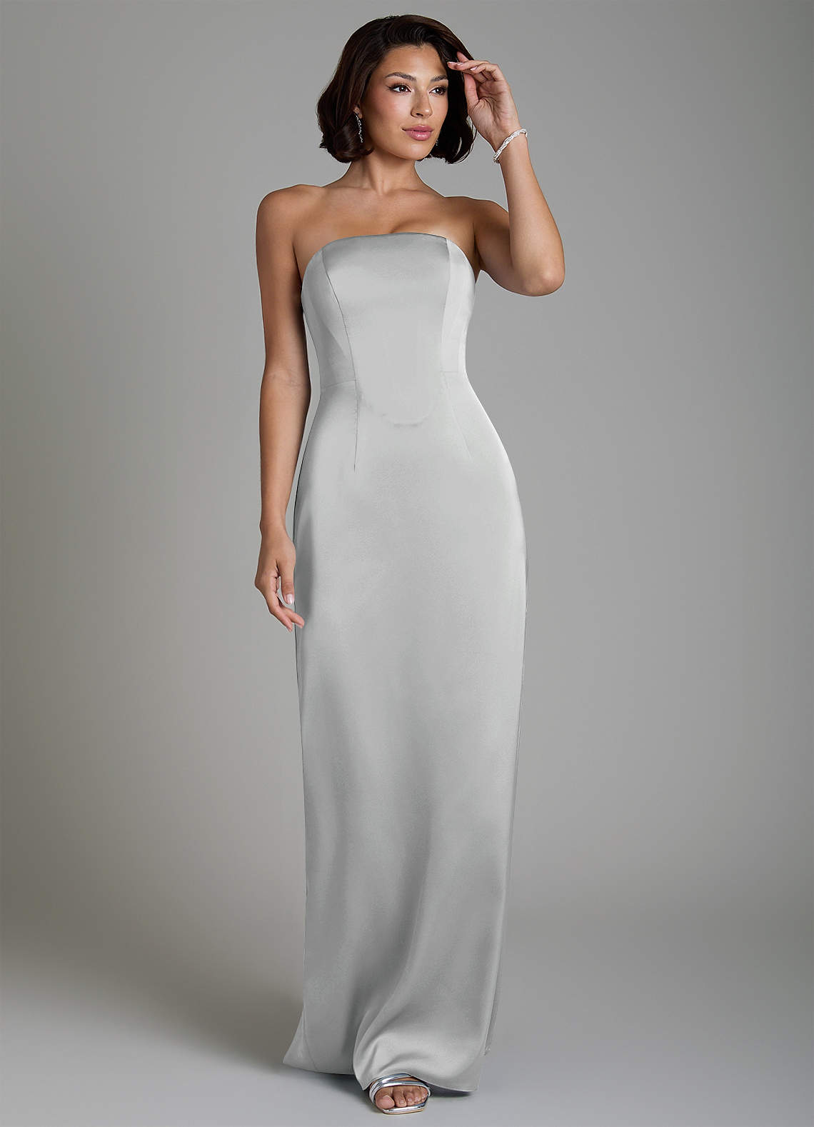 Fallyn Sheath Strapless Stretch Satin Bridesmaid Dress in Silver