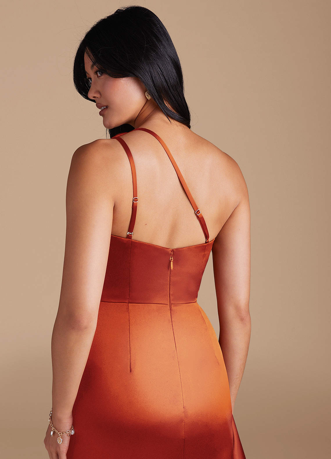 Latrice Sheath One-Shoulder Metallic Satin Bridesmaid Dress in Paprika