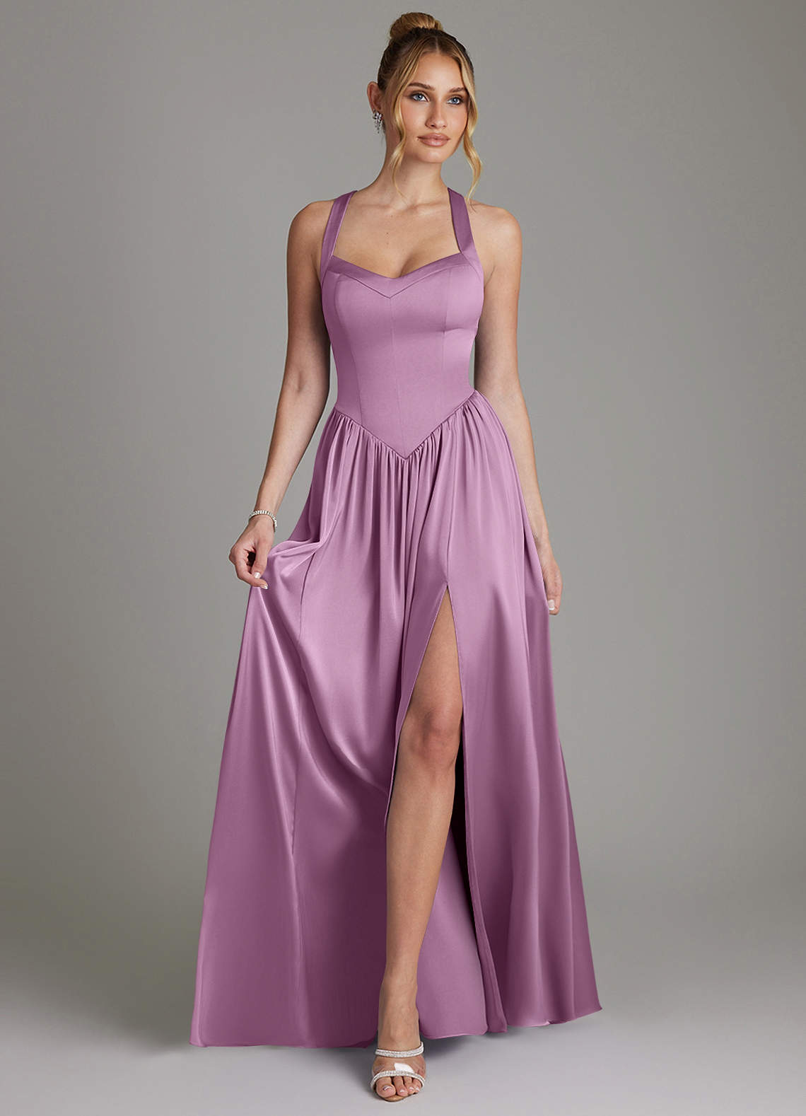 Francis A-Line V-Neck Stretch Satin Bridesmaid Dress in Wisteria