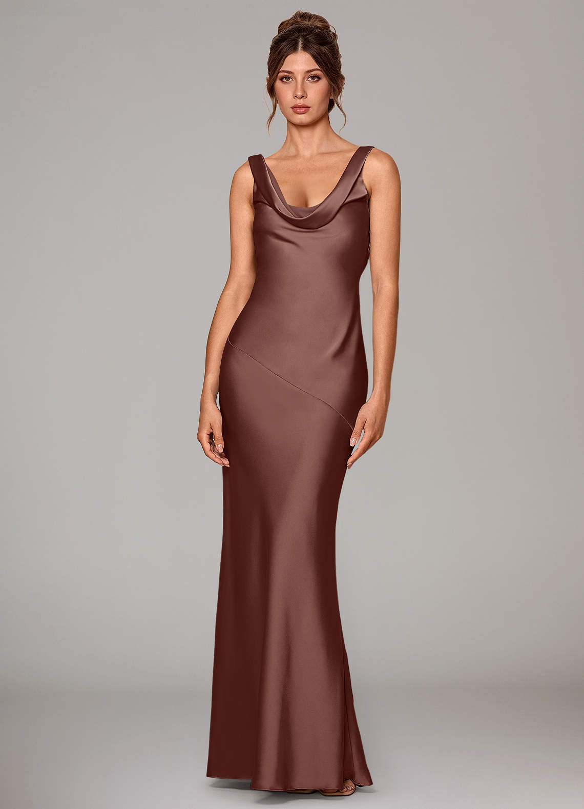 Rylina Mermaid Cowl-Neck Stretch Satin Bridesmaid Dress in Espresso