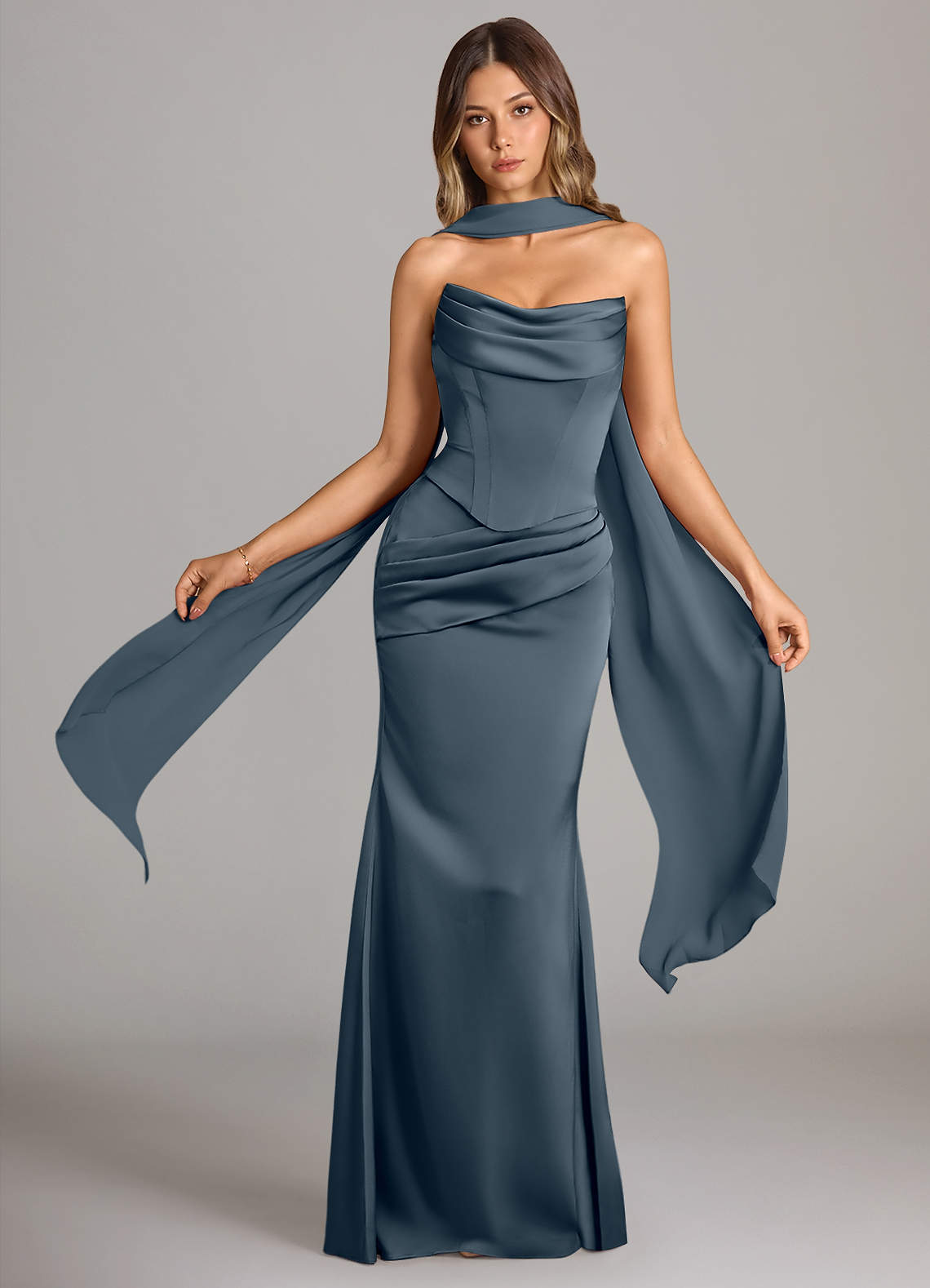 Sorrel Mermaid Cowl-Neck Stretch Satin and Chiffon Bridesmaid Dress in Twilight