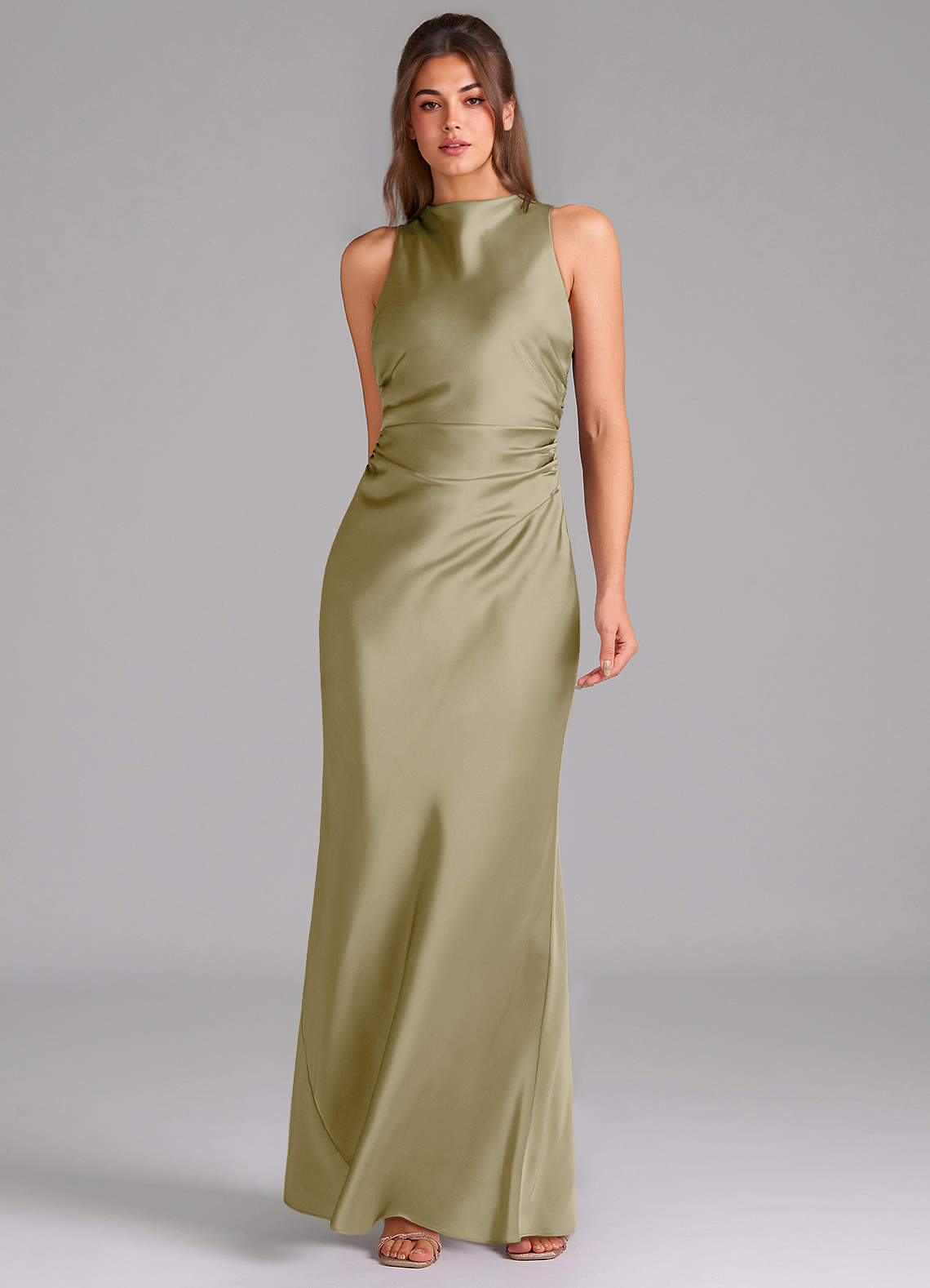 Evadne Sheath Scoop-Neck Stretch Satin Bridesmaid Dress in Moss Green