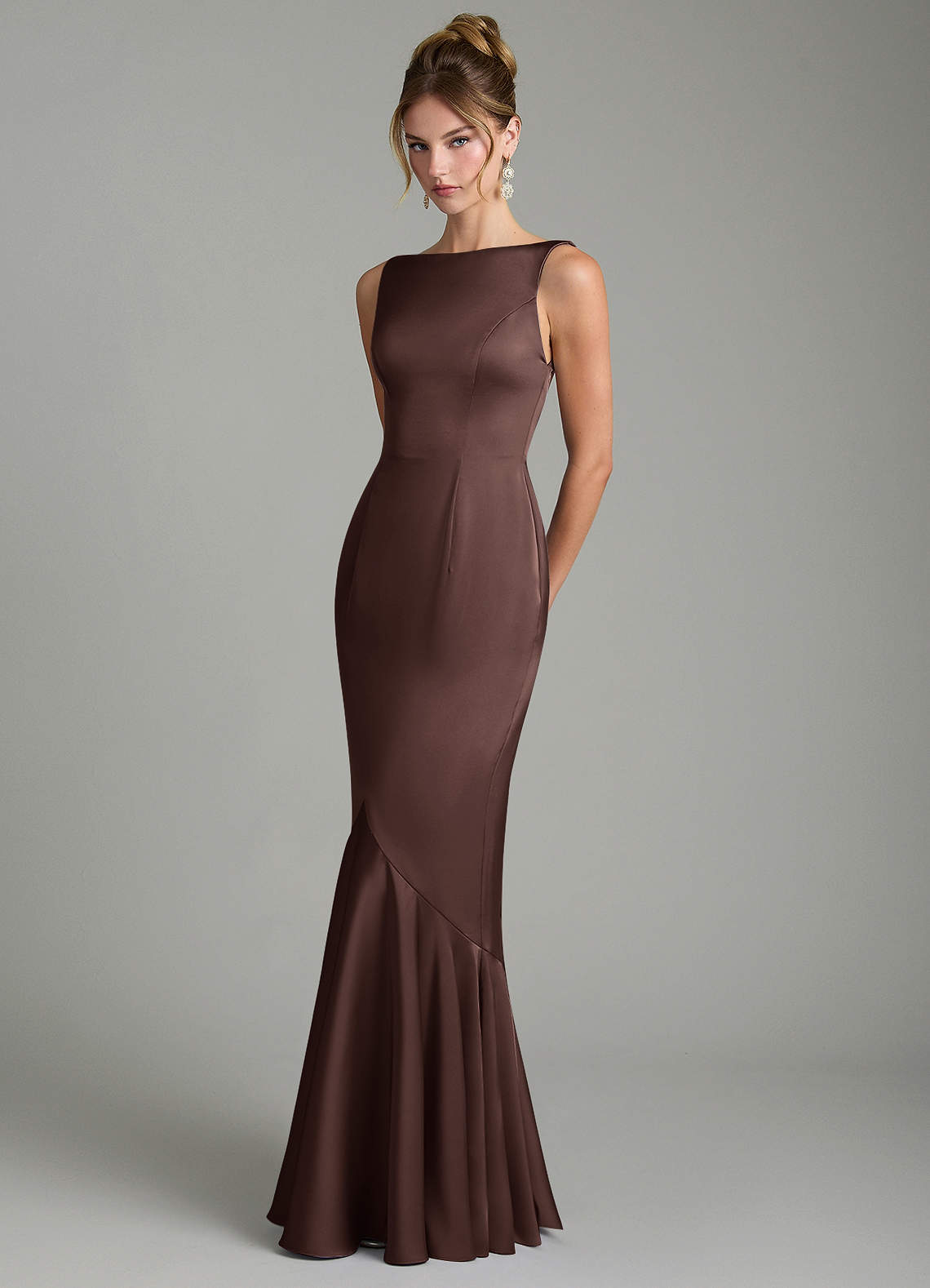 Tamera Mermaid Boat-Neck Stretch Satin and Chiffon Bridesmaid Dress in Ganache