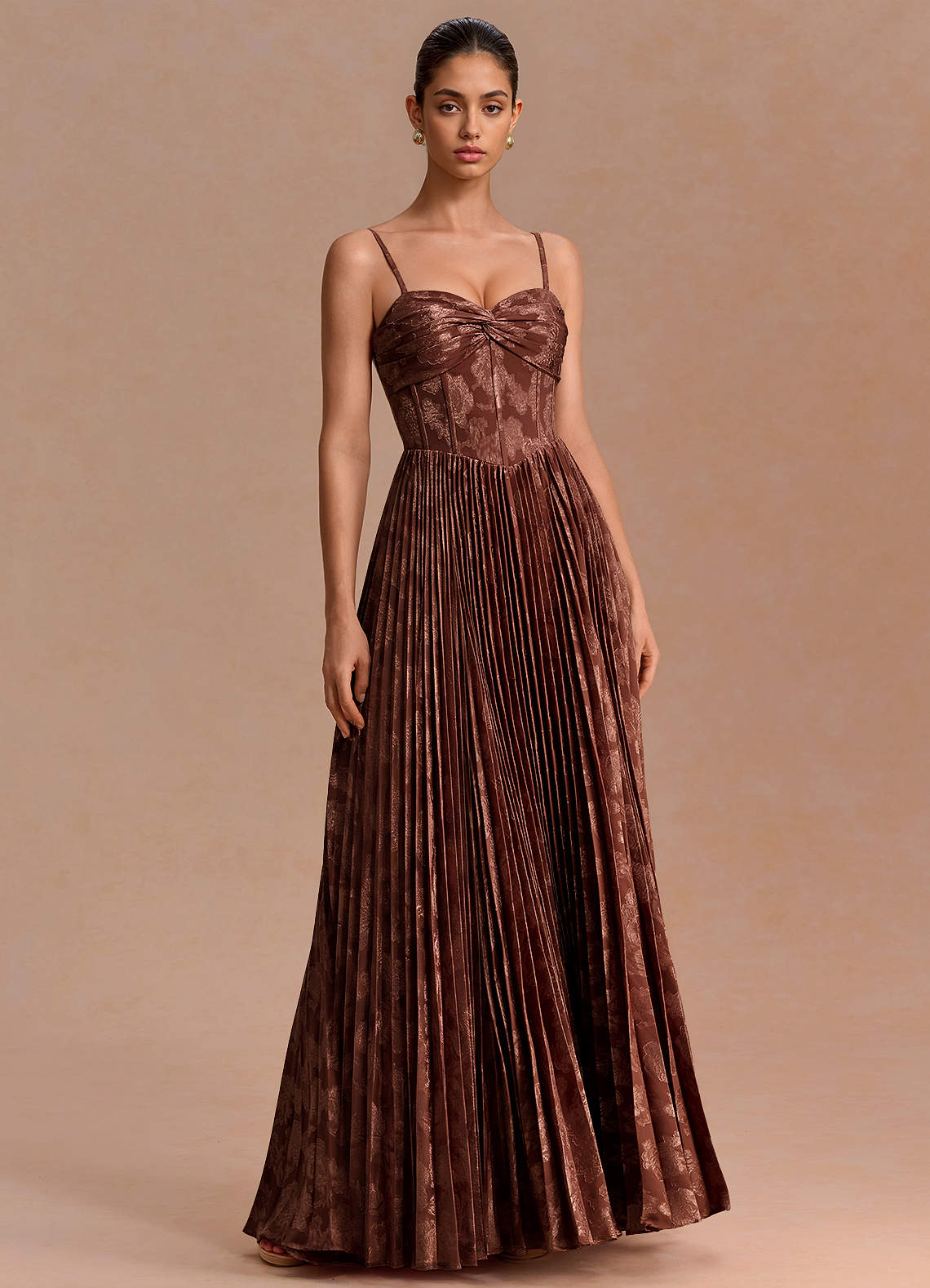 Delfina A-Line Twisted-Bust Fil Coupé Evening Dress in Mocha Coco