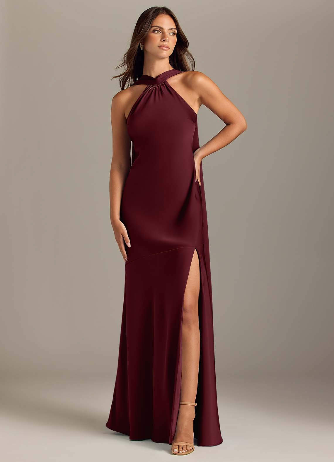 Kinsley Mermaid Halter Stretch Satin Bridesmaid Dress in Cabernet