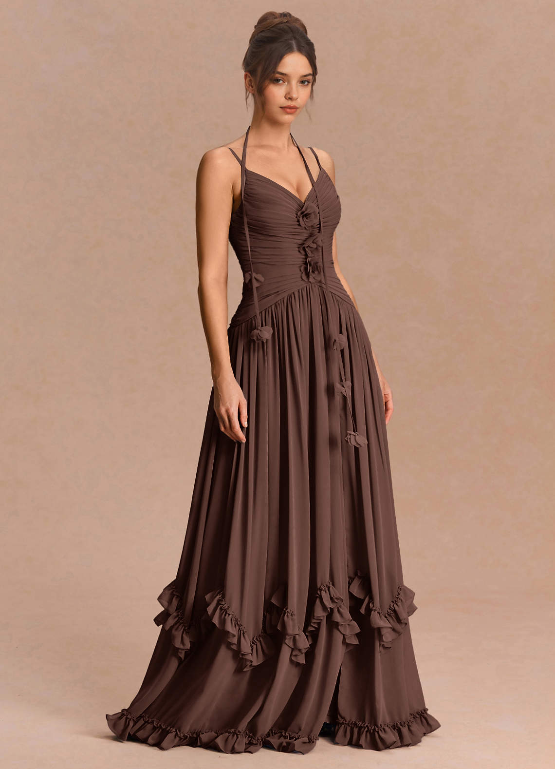 Eulalie A-Line Floral-Appliqué Chiffon Evening Dress in Truffle
