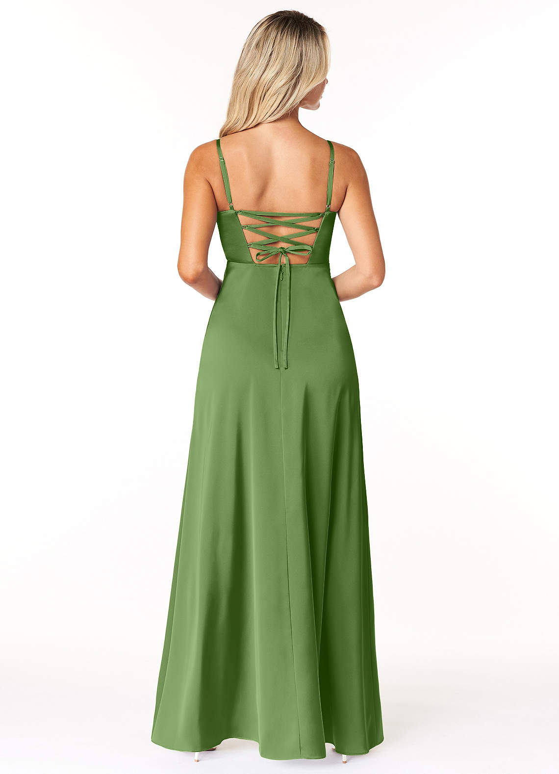 Marchella A-Line V-Neck Stretch Satin Bridesmaid Dress in Basil