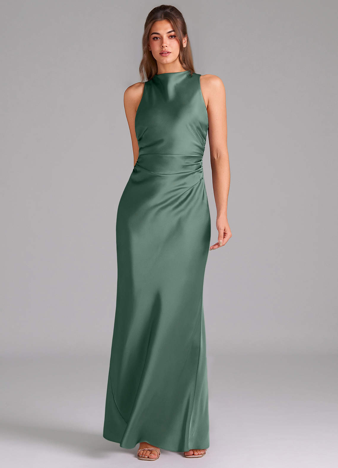 Evadne Sheath Scoop-Neck Stretch Satin Bridesmaid Dress in Eucalyptus