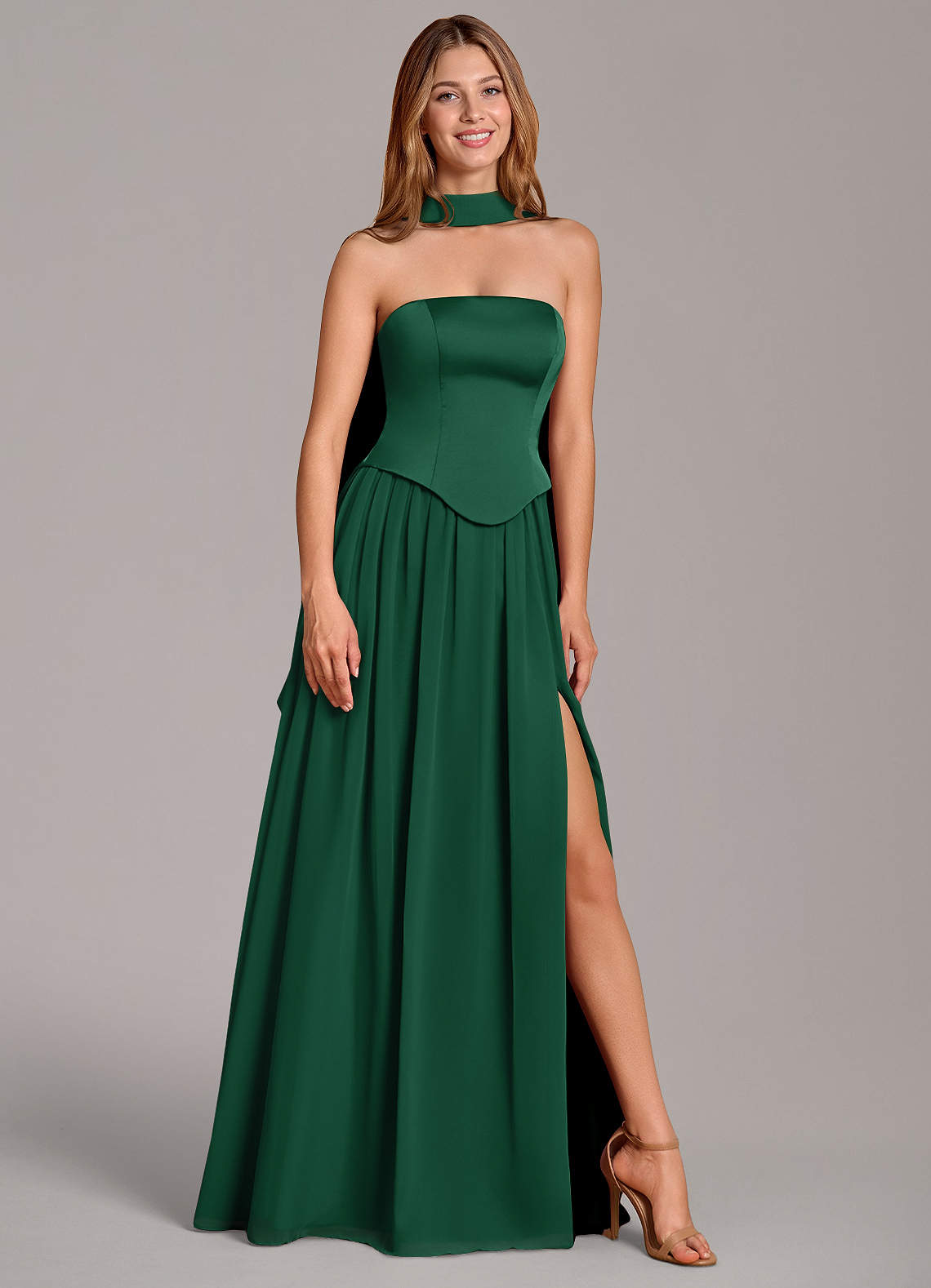 Cadence A-Line Strapless Chiffon and Stretch Satin Bridesmaid Dress in Dark Green
