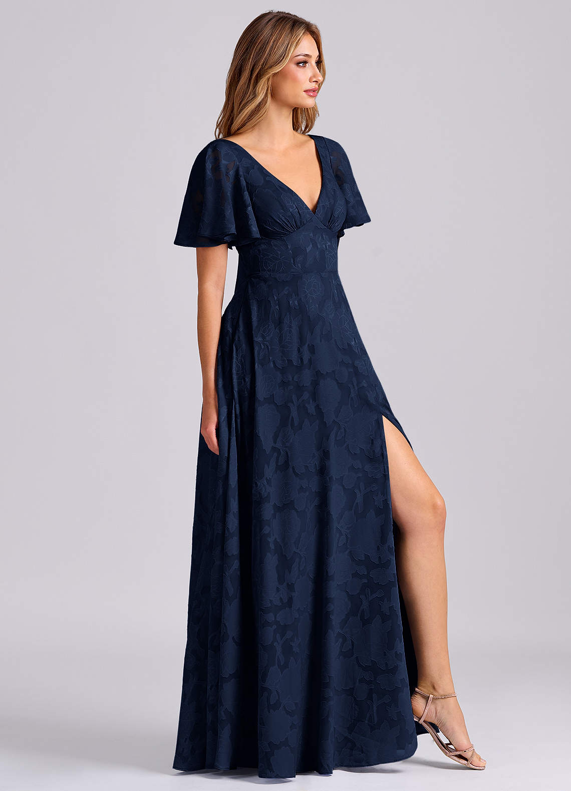 Kimber A-Line V-Neck Floral Burnout Bridesmaid Dress in Dark Navy