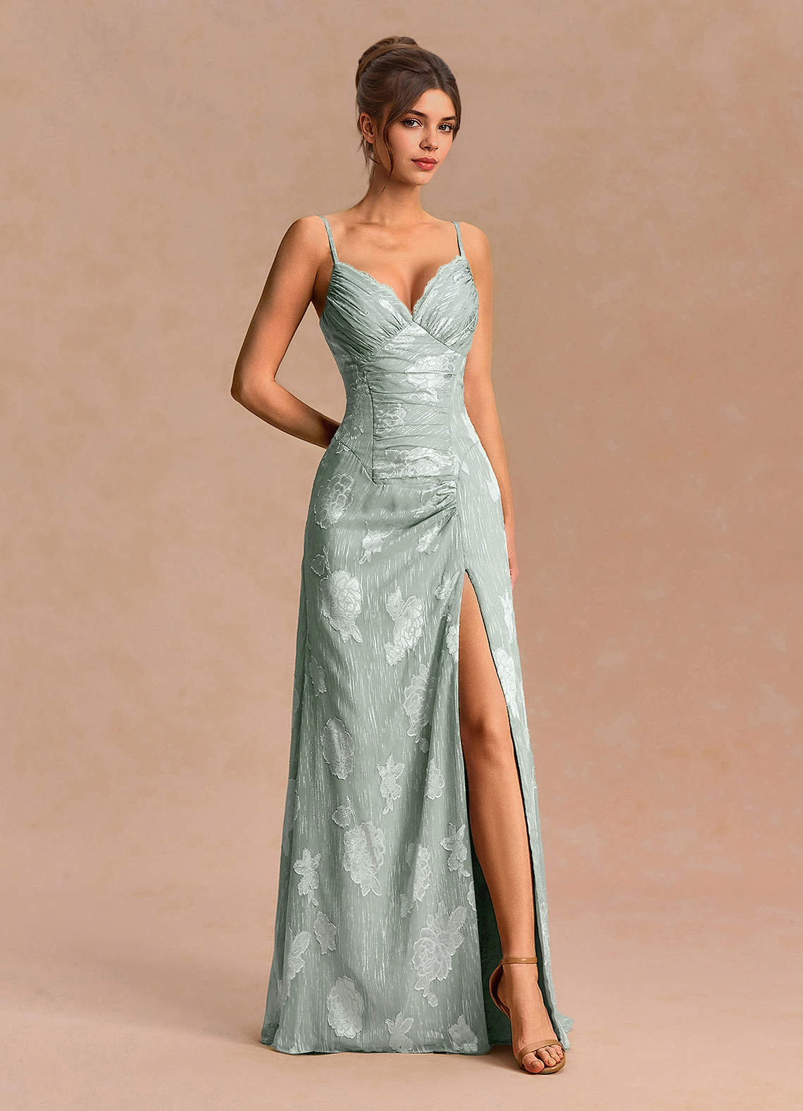 Noelle A-Line Lace-Trim Floral Burnout Evening Dress in Frosted Sage